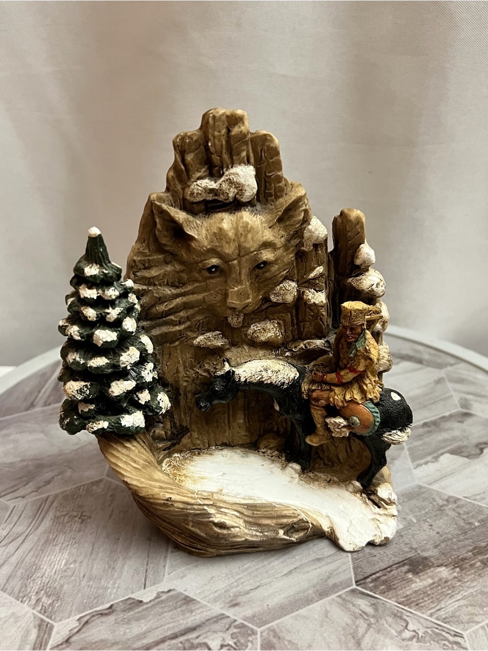 Wolf Mountain Native American Rider on Horse Figurine Winter Cabin Decor 7"